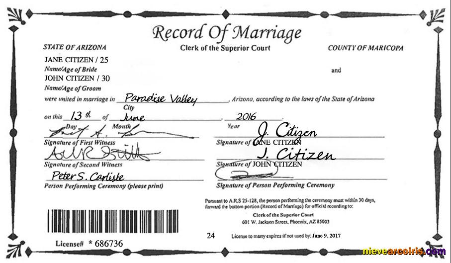 USA Arizona state marriage certificate